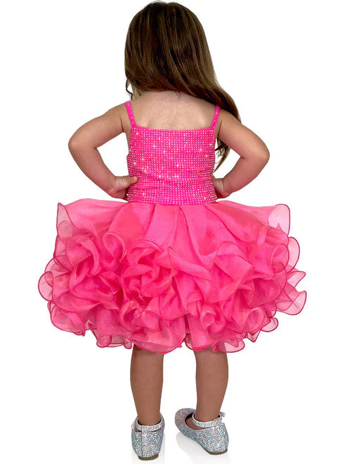 Marc Defang 5144 Size 2T Neon Pink Short Crystal Cupcake Pageant Dress Layered Ruffle Girls Baby Kids Gown - Image 2