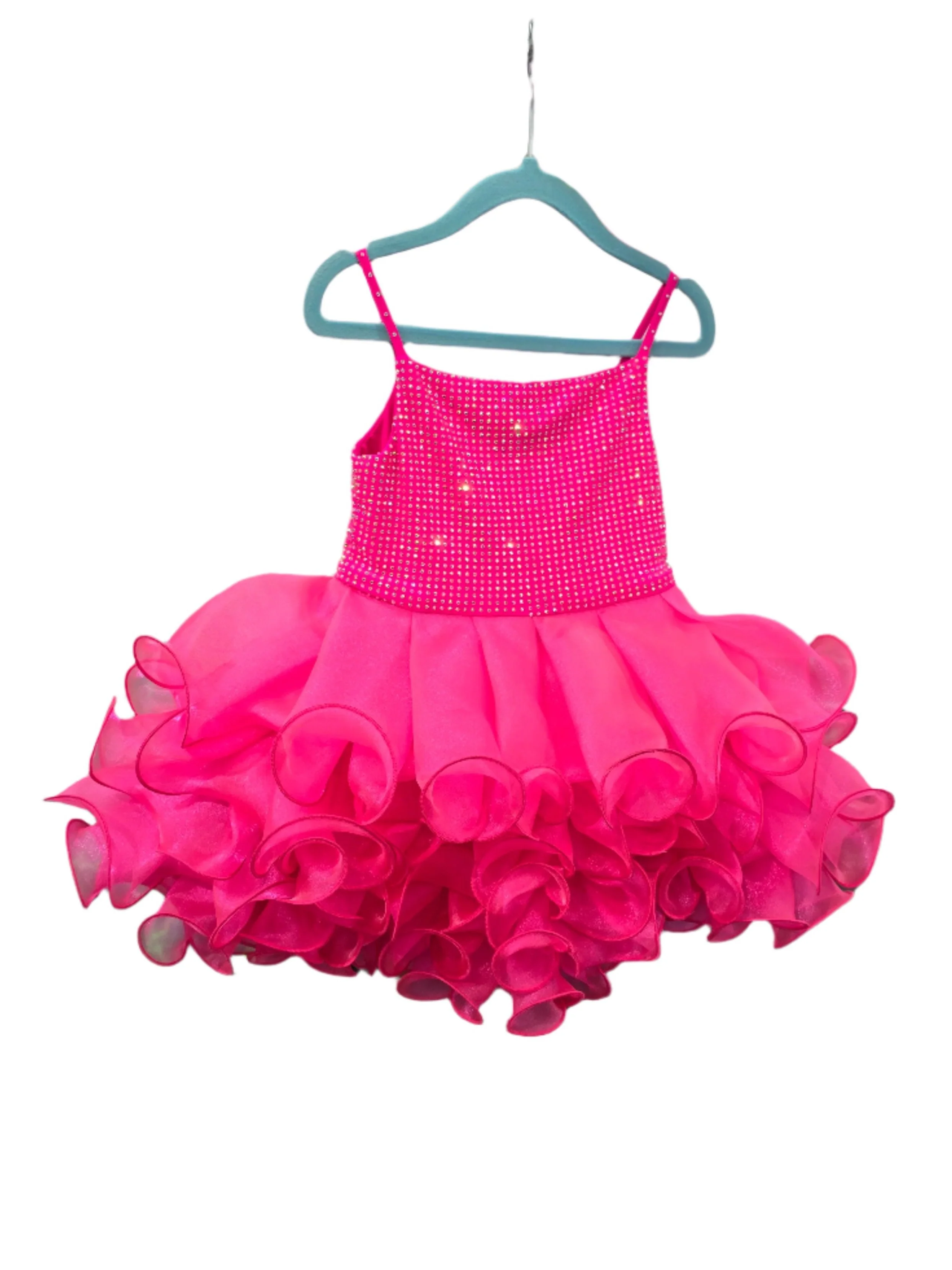 Marc Defang 5144 Size 2T Neon Pink Short Crystal Cupcake Pageant Dress Layered Ruffle Girls Baby Kids Gown - Image 3