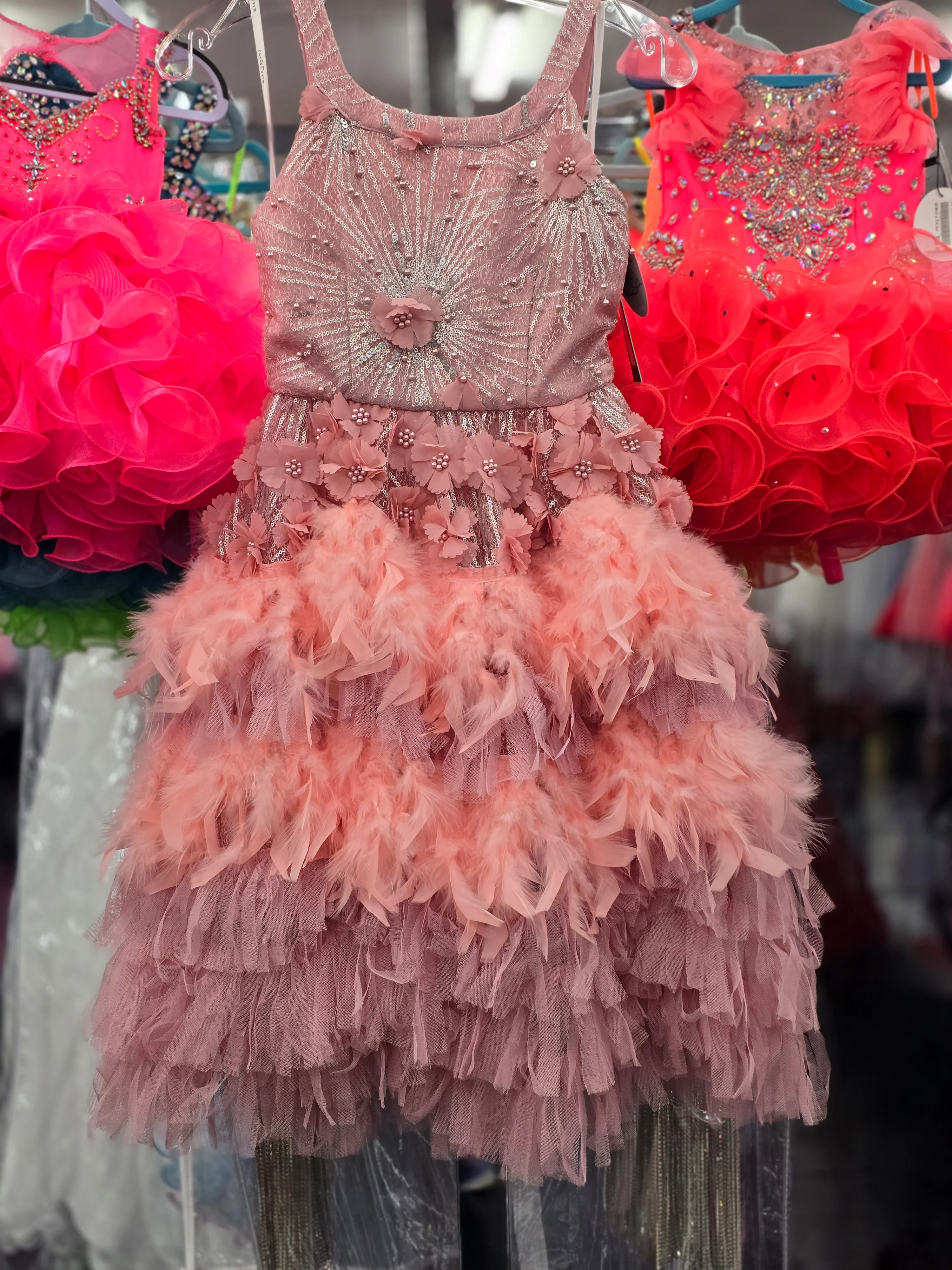 Marc Defang 5156 Size 10 Pink Girls Short Feather Dress sequin 3d Flower lace cocktail gown - Image 3