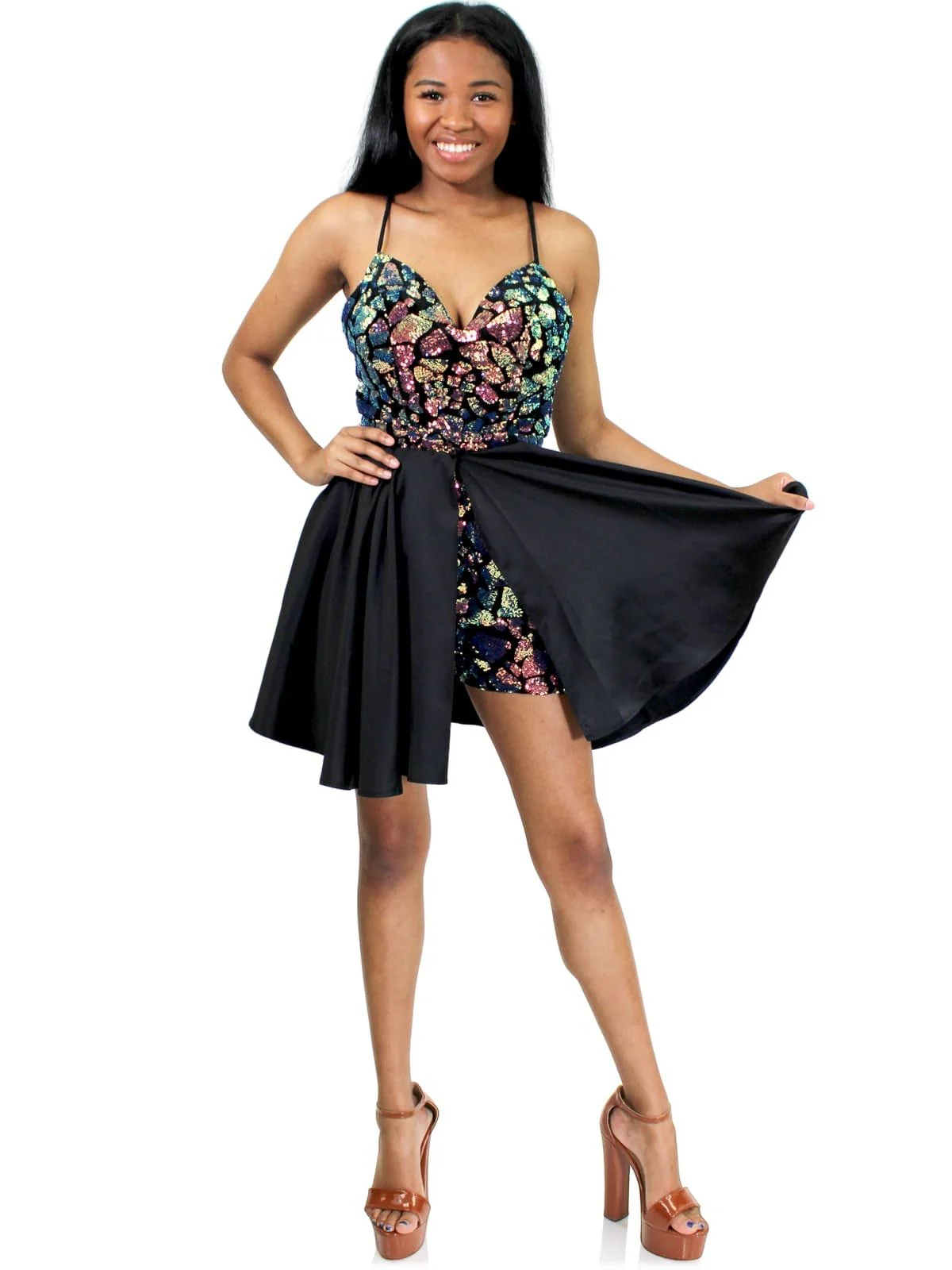 Marc Defang 6010 size 6 Black Multi Romper iridescent sequins detachable satin overskirt fun fashion