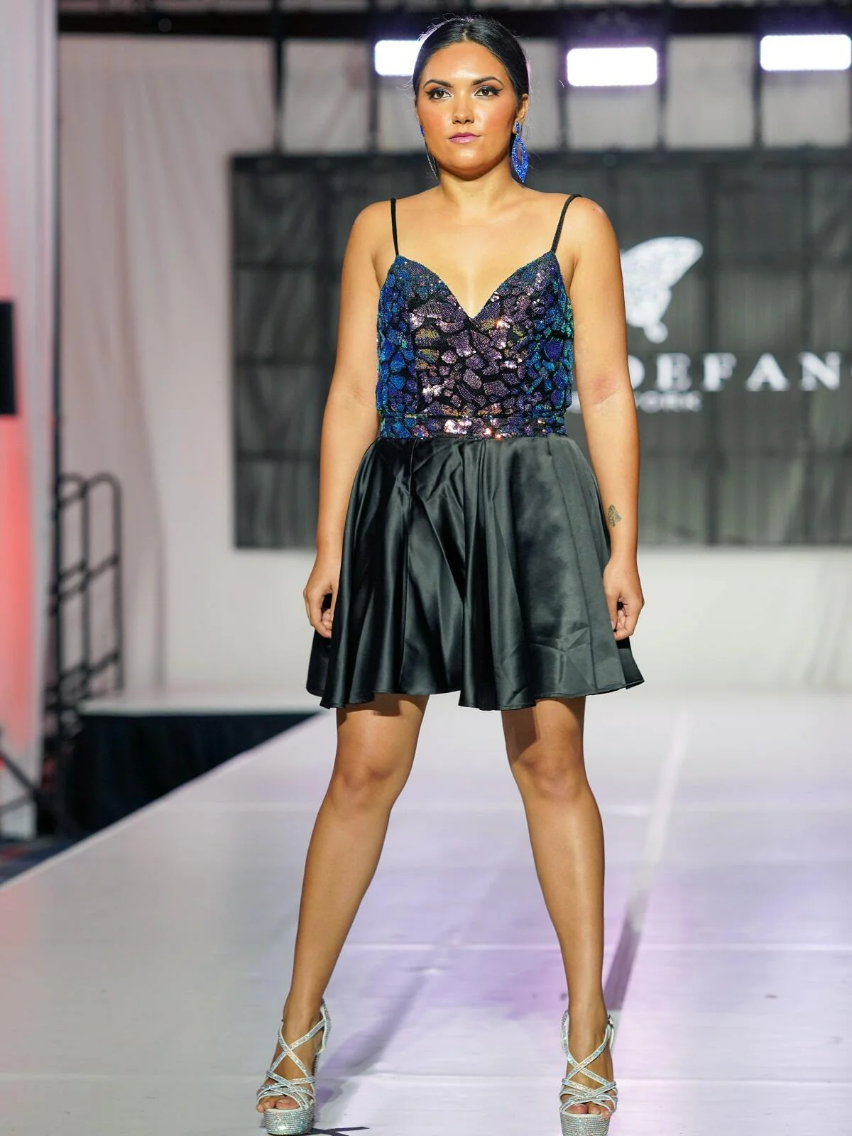Marc Defang 6010 size 6 Black Multi Romper iridescent sequins detachable satin overskirt fun fashion - Image 3
