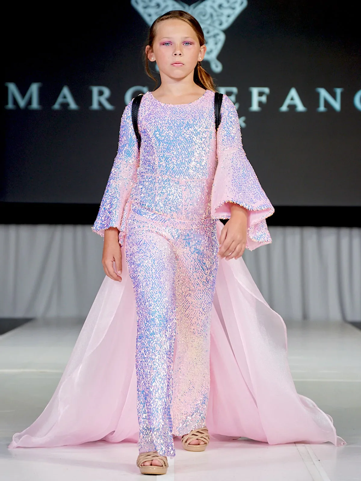 Marc Defang 8004k Kids Size 6 Iridescent Purple Jumpsuit Sequin Bell Sleeve Pageant Overskirt Fun Fashion - Image 7