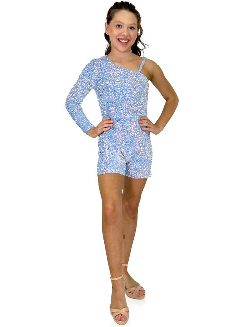 Marc Defang 8048K Girls Pageant Romper Velvet Sequined One Shoulder Long Sleeve Fun Fashion
