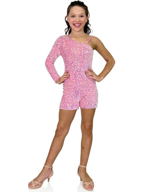 Marc Defang 8048K Girls Pageant Romper Velvet Sequined One Shoulder Long Sleeve Fun Fashion - Image 2