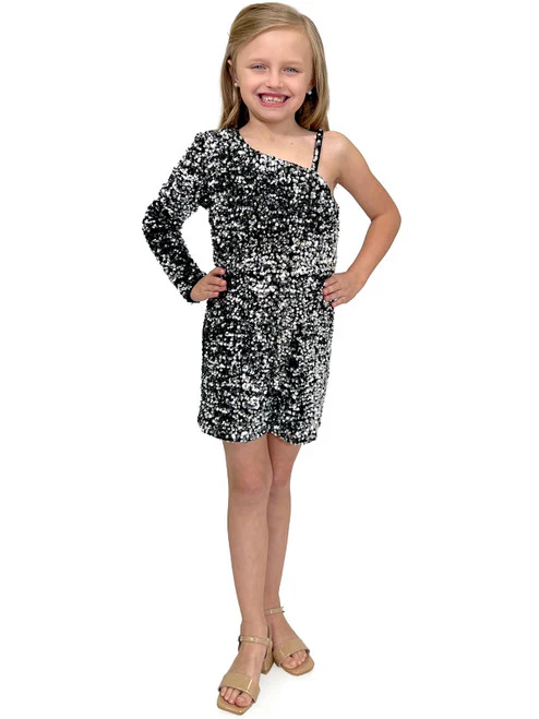 Marc Defang 8048K Girls Pageant Romper Velvet Sequined One Shoulder Long Sleeve Fun Fashion - Image 4