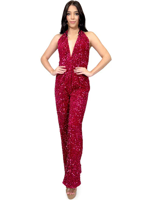 Marc Defang 8049 Size 8 Fuchsia Jumpsuit Fun Fashion Velvet Sequin Halter Pageant Wear
