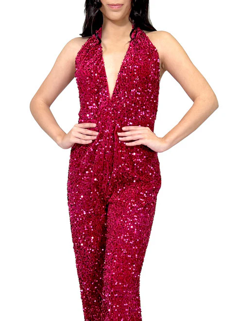 Marc Defang 8049 Size 8 Fuchsia Jumpsuit Fun Fashion Velvet Sequin Halter Pageant Wear - Image 6