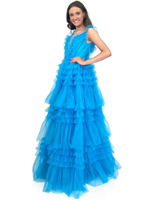 Marc Defang 8092 Size 2 Aqua Long Layer Ruffle V Neck Prom Dress Pageant Ball Gown Crystal V Neck Tulle - Image 2
