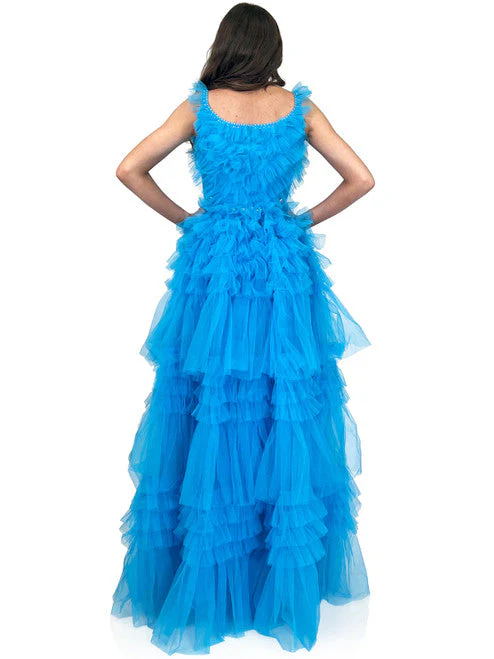 Marc Defang 8092 Size 2 Aqua Long Layer Ruffle V Neck Prom Dress Pageant Ball Gown Crystal V Neck Tulle - Image 3