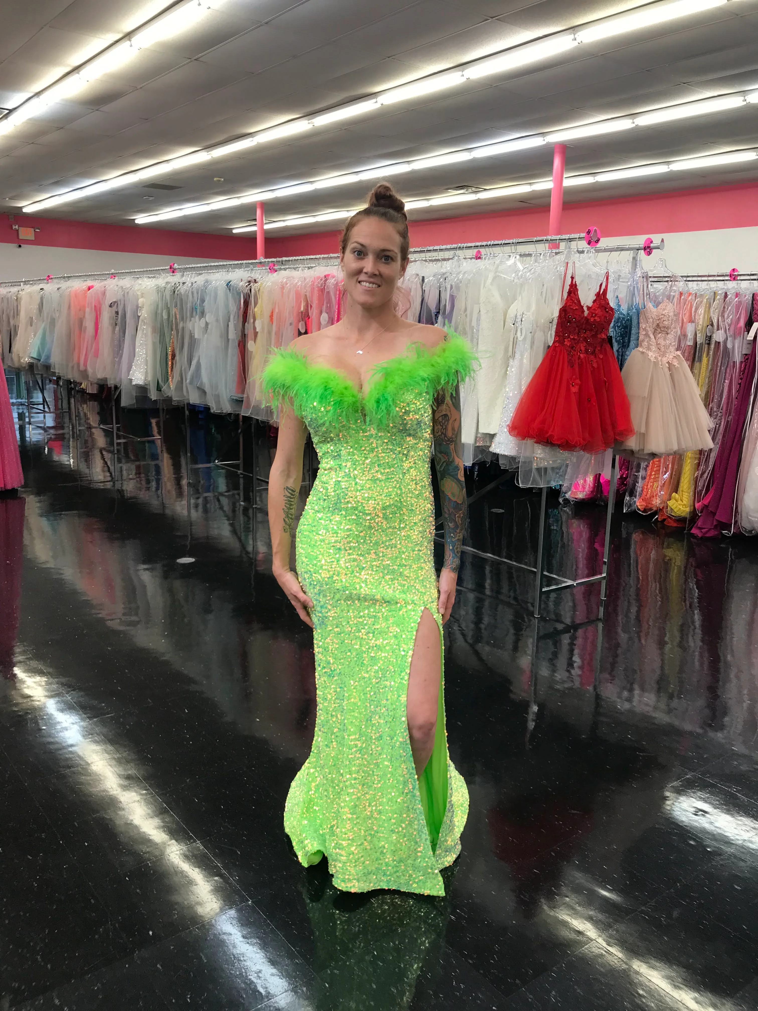 Marc Defang 8145 Size 2 Neon Green Velvet Sequin Feather off the shoulder Dress Slit Pageant - Image 8