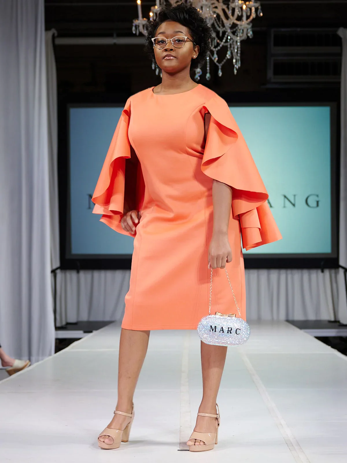 Marc Defang 8157 Size 2, 6 Orange Short Scuba Draped Sleeve Cocktail Interview Pageant Dress Evening Gown - Image 4