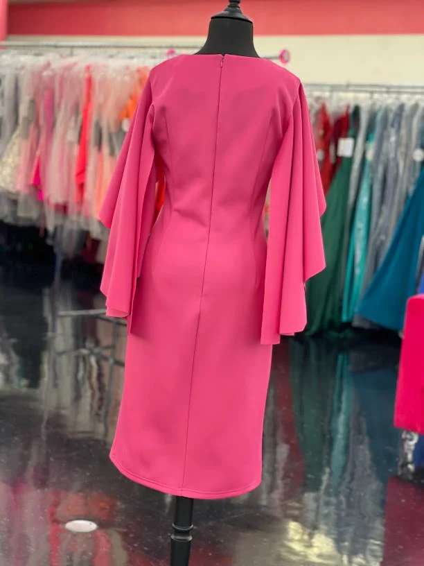 Marc Defang 8157 Size 6 Hot Pink Short Scuba Draped Sleeve Cocktail Interview Pageant Dress Evening Gown - Image 2
