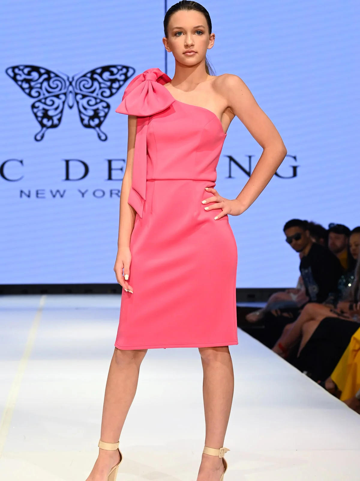Marc Defang 8163 Size 4 Hot Pink Interview Cocktail Dress Knee Length short tea length one shoulder with bow - Image 2