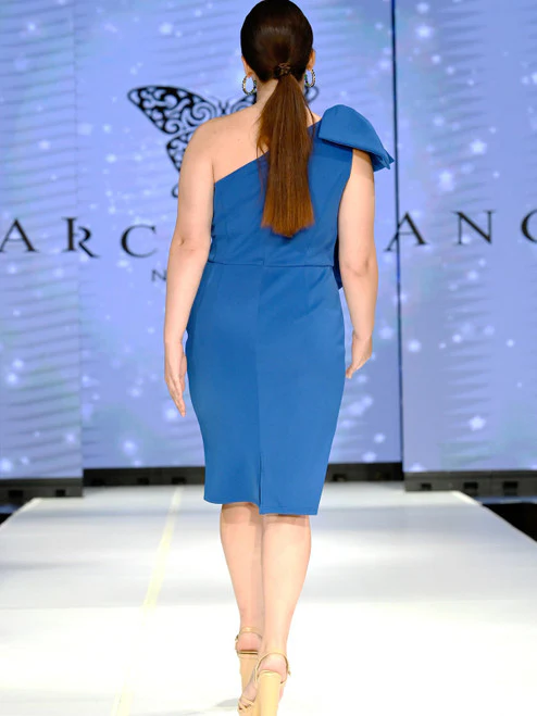 Marc Defang 8163 Size 10 Royal Blue Cocktail Dress Tea Length One Shoulder Bow - Image 3
