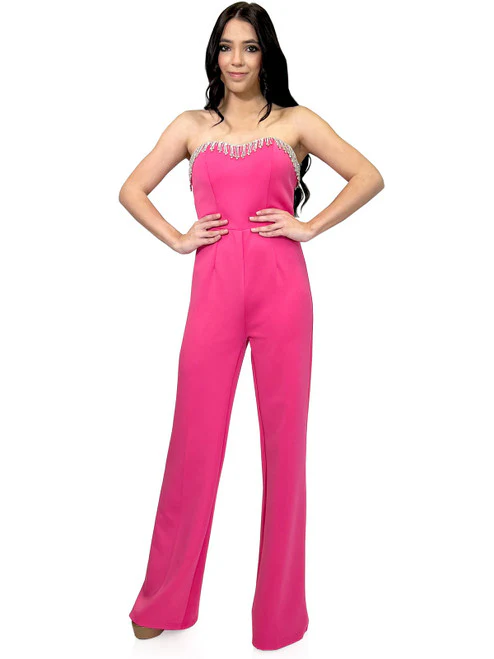 Marc Defang 8180 Size 2, 12 Hot Pink Jumpsuit Crystal Fringe Tassel Pageant Neon - Image 2