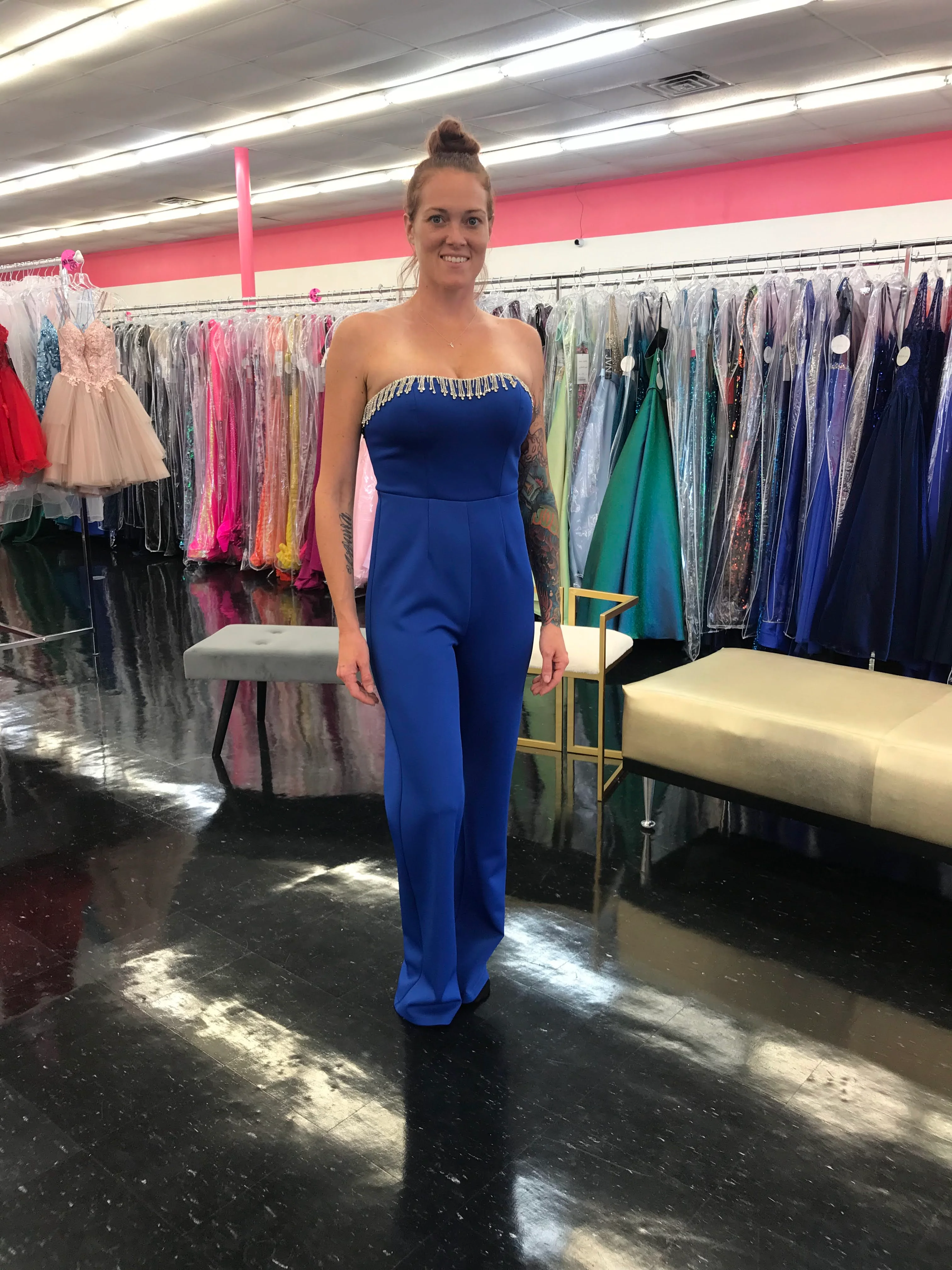 Marc Defang 8180 Size 4 Royal Blue Jumpsuit Crystal Fringe Tassel Pageant Neon - Image 6