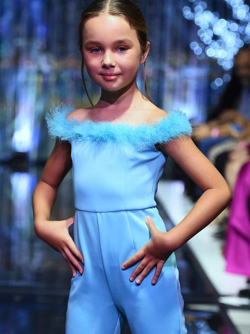 Marc Defang 8185K Girls Pageant Jumpsuit feather neckline off the shoulder - Image 5