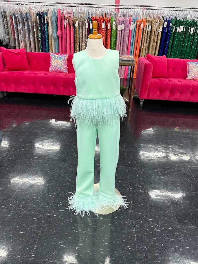 Marc Defang 8195K Size 9 Mint Girls Pageant Jumpsuit Feathers - Image 6