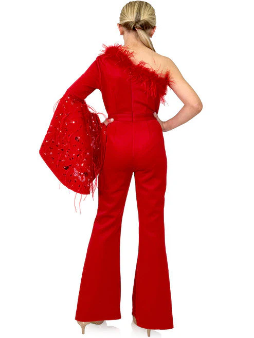 Marc Defang 8222K Size 8 Hot Pink Girls Pageant Jumpsuit Feather One Shoulder Long Bell Sleeve Formal Wear Scuba - Image 7