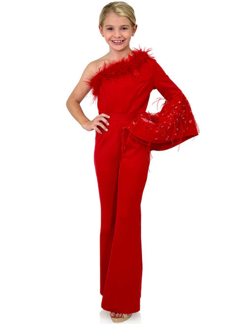 Marc Defang 8222K Size 8 Hot Pink Girls Pageant Jumpsuit Feather One Shoulder Long Bell Sleeve Formal Wear Scuba - Image 8