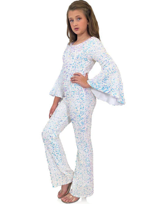 Marc Defang 8225K Size 16 White Girls Velvet Sequin Pageant Jumpsuit Long Bell Sleeve Fun Fashion - Image 2