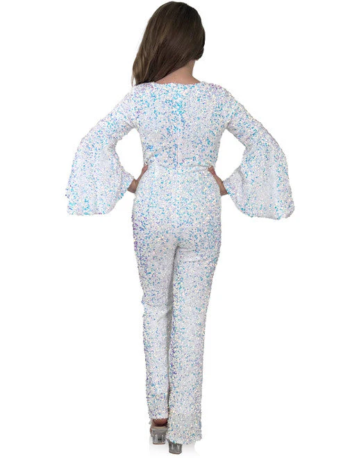 Marc Defang 8225K Size 16 White Girls Velvet Sequin Pageant Jumpsuit Long Bell Sleeve Fun Fashion - Image 3