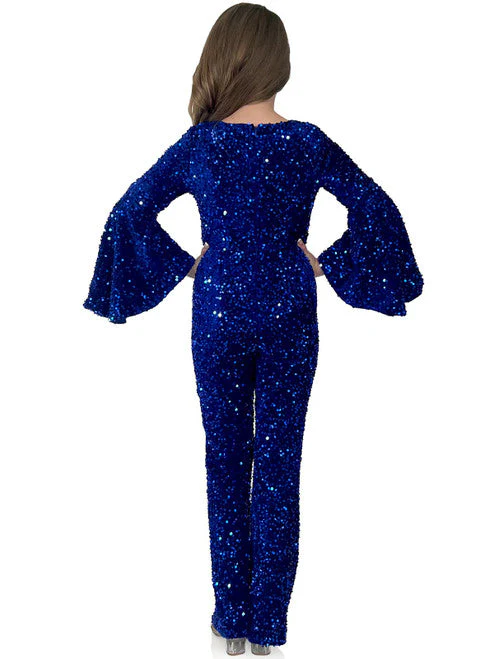 Marc Defang 8225K Size 16 White Girls Velvet Sequin Pageant Jumpsuit Long Bell Sleeve Fun Fashion - Image 6