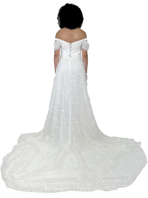 Marc Defang 8228 Long Fitted off the shoulder Dress Overskirt train Prom Pageant Wedding - Image 6