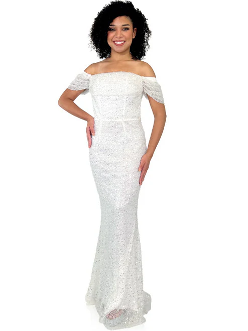 Marc Defang 8228 Long Fitted off the shoulder Dress Overskirt train Prom Pageant Wedding - Image 8