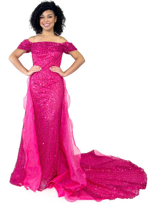 Marc Defang 8228 Size 12 White Long Fitted off the shoulder Dress Overskirt train Prom Pageant Wedding - Image 11