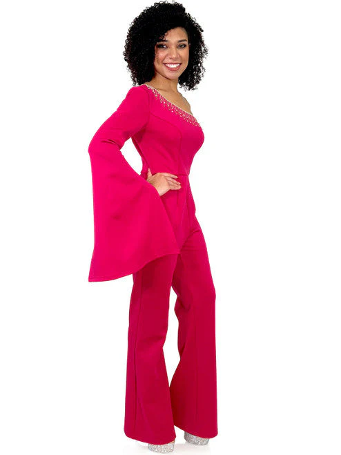 Marc Defang 8267 Size 8 Teal Pageant Jumpsuit One Shoulder Long Bell Sleeve Crystal Fringe Formal - Image 2