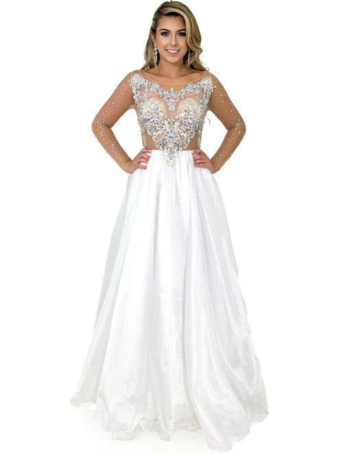 Marc Defang 8309 Size 6 White Sheer Crystal Bodice A Line Pageant Dress Formal Long Sleeve Ball Gown