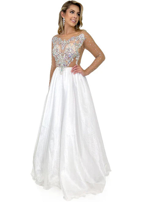 Marc Defang 8309 Size 6 White Sheer Crystal Bodice A Line Pageant Dress Formal Long Sleeve Ball Gown - Image 2