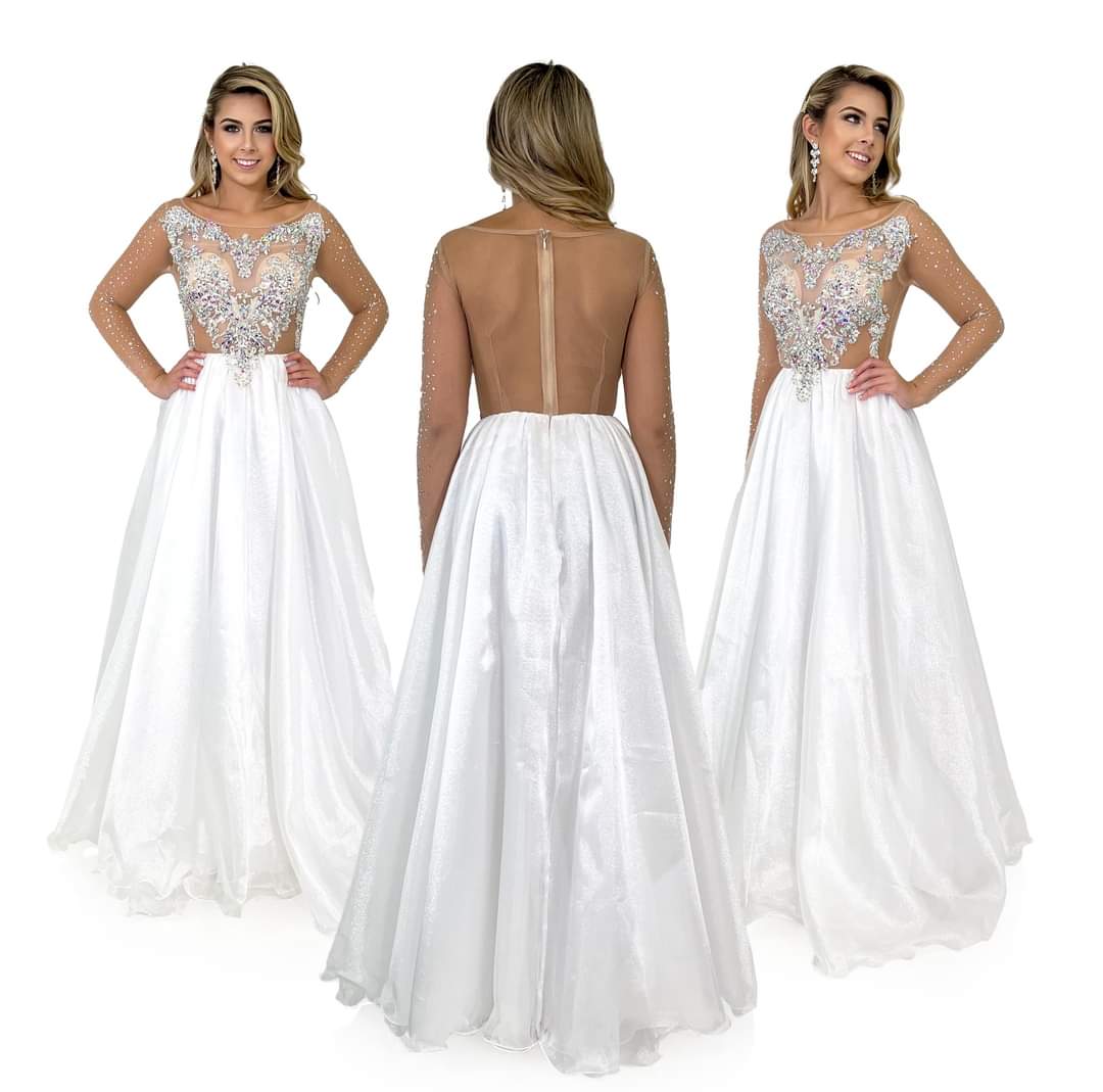 Marc Defang 8309 Size 6 White Sheer Crystal Bodice A Line Pageant Dress Formal Long Sleeve Ball Gown - Image 3