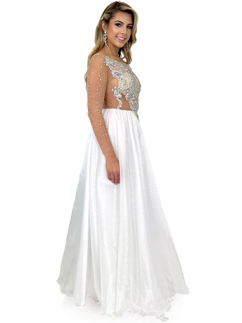 Marc Defang 8309 Size 6 White Sheer Crystal Bodice A Line Pageant Dress Formal Long Sleeve Ball Gown - Image 4