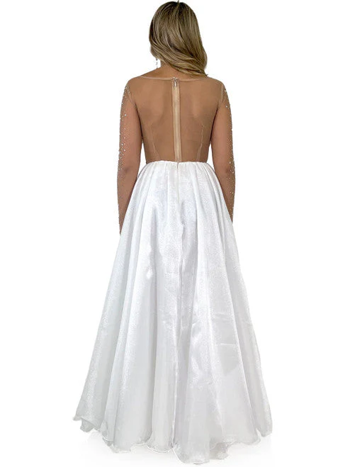 Marc Defang 8309 Size 6 White Sheer Crystal Bodice A Line Pageant Dress Formal Long Sleeve Ball Gown - Image 5