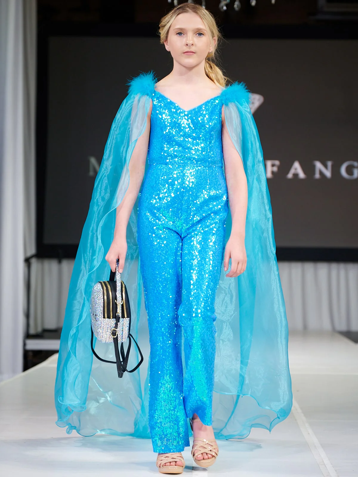 Marc Defang KIDS 8099K Pageant Jumpsuit sequins off the shoulder straps cape and feathers - Image 4