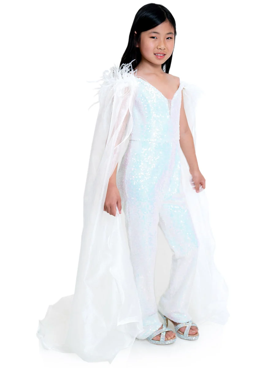 Marc Defang KIDS 8099K Pageant Jumpsuit sequins off the shoulder straps cape and feathers - Image 6