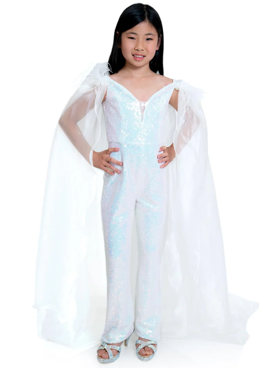 Marc Defang KIDS 8099K Pageant Jumpsuit sequins off the shoulder straps cape and feathers - Image 7