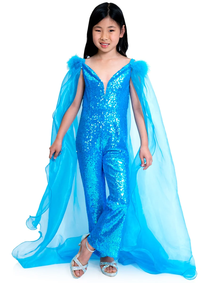 Marc Defang KIDS 8099K Pageant Jumpsuit sequins off the shoulder straps cape and feathers - Image 8