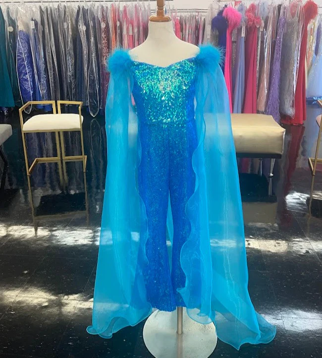 Marc Defang KIDS 8099K Pageant Jumpsuit sequins off the shoulder straps cape and feathers - Image 9