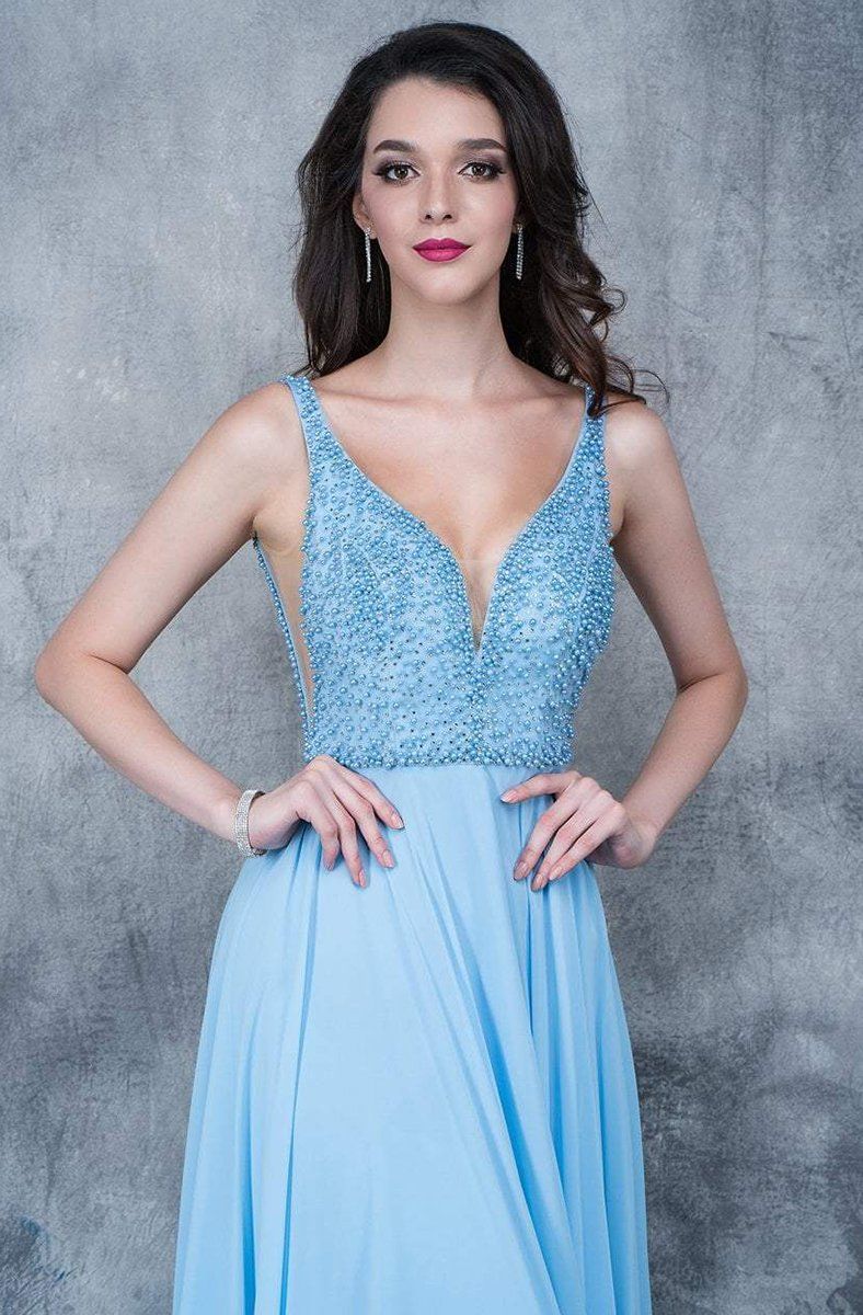 Nina Canacci 1336 Size 4 Long A Line Prom Dress Embellished V Neck Bodice Blue - Image 2