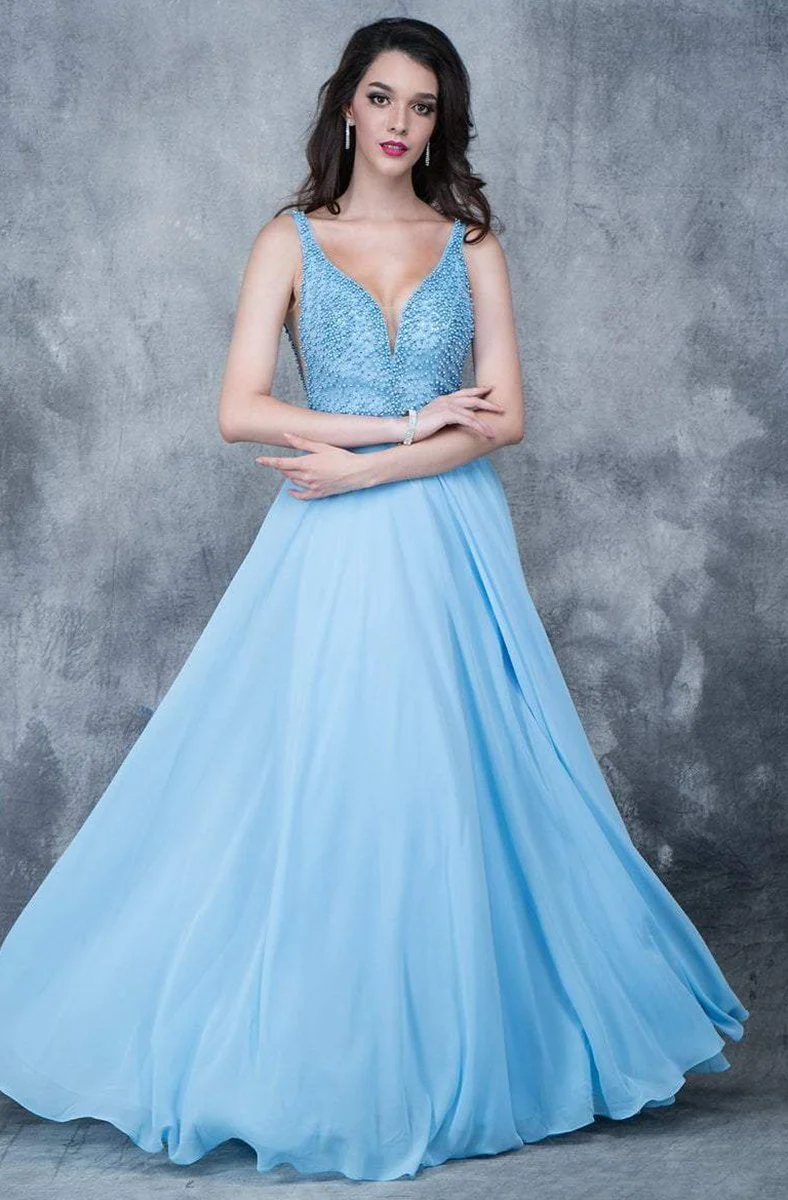 Nina Canacci 1336 Size 4 Long A Line Prom Dress Embellished V Neck Bodice Blue - Image 3