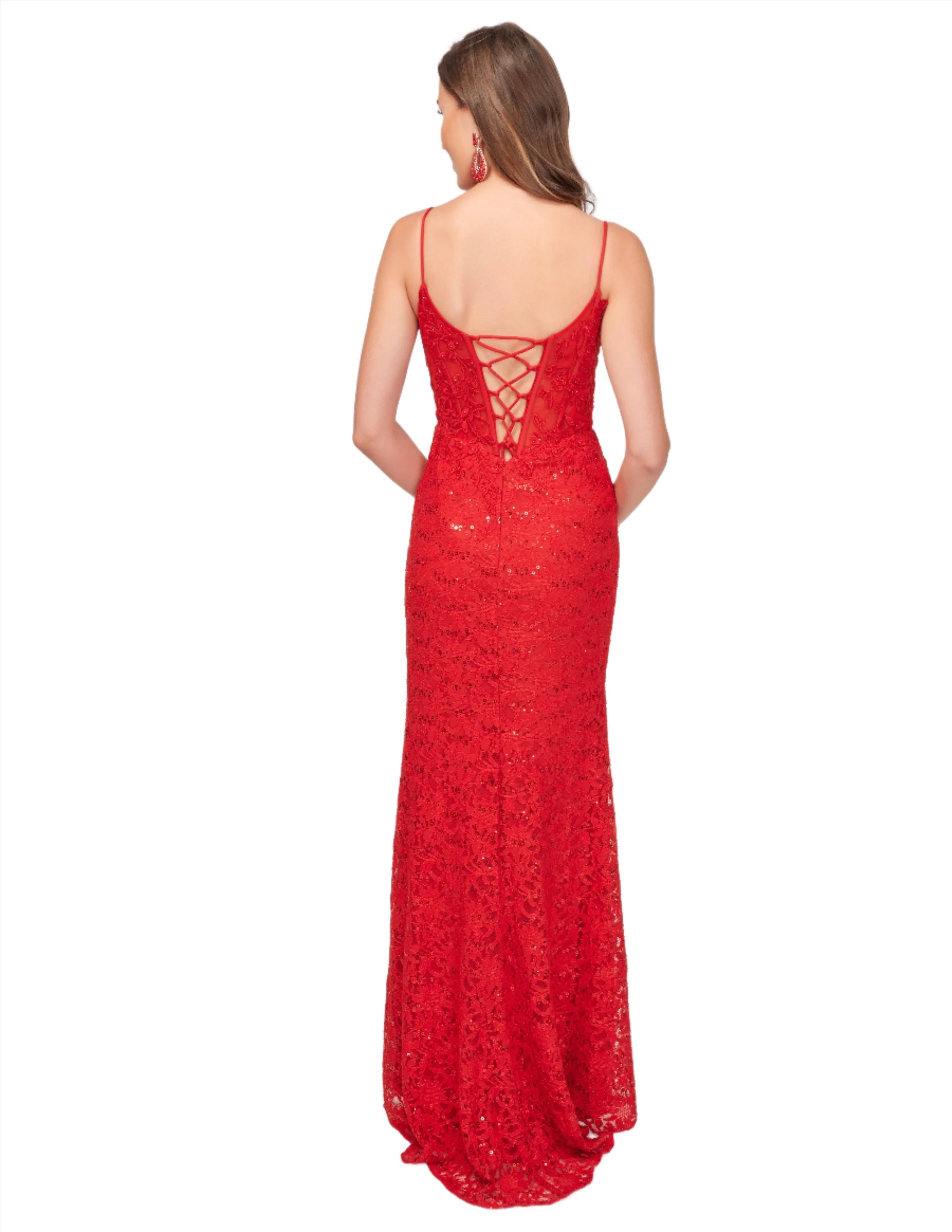 Nina Canacci 1568 Size 4 Red Sheer Lace Corset Formal Dress Slit Prom Evening Gown Sequin Crystal V Neck - Image 2