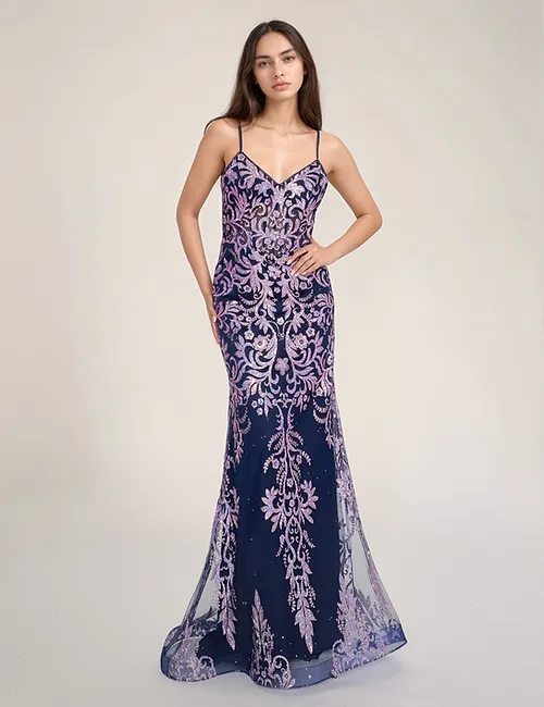 Nina Canacci 1575 Navy Lilac Fit and Flair Prom Dress V Neckline Spaghetti Straps