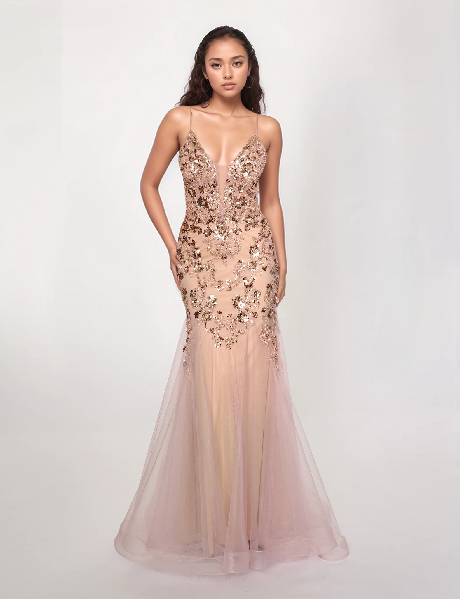 Nina Canacci 1576 Long Sequin Fitted mermaid Prom Dress Plunging Neckline Formal Gown