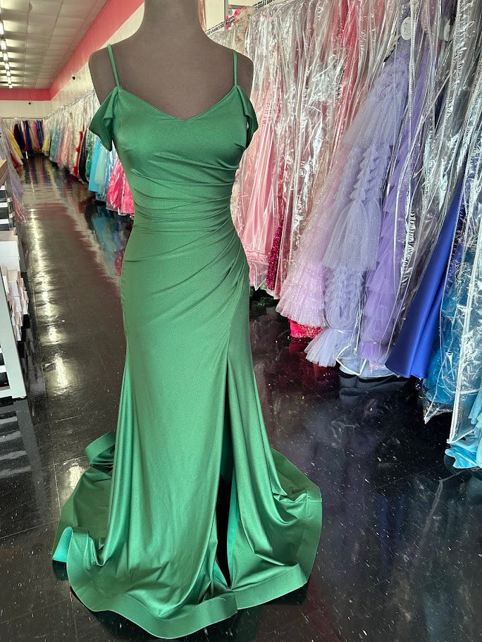Nina Canacci 1578 Size 4 Emerald Fitted Jersey off the shoulder Formal Dress Ruched Slit Train Gown