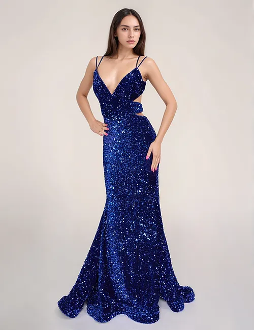 Nina Canacci 1579 Long Sequin Mermaid Prom Dress Cut Out Corset V Neckline - Image 2