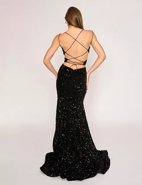 Nina Canacci 1579 Long Sequin Mermaid Prom Dress Cut Out Corset V Neckline - Image 3