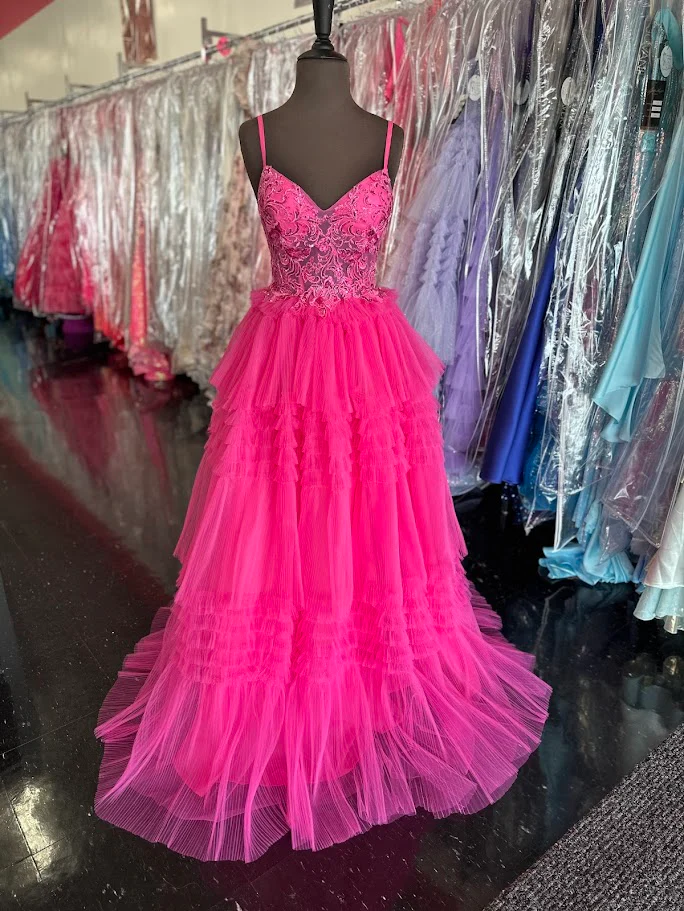 Nina Canacci 1582 Size 4 Fuchsia Pleated Ruffle Ballgown Prom Dress Sheer Lace Corset A Line Formal Gown